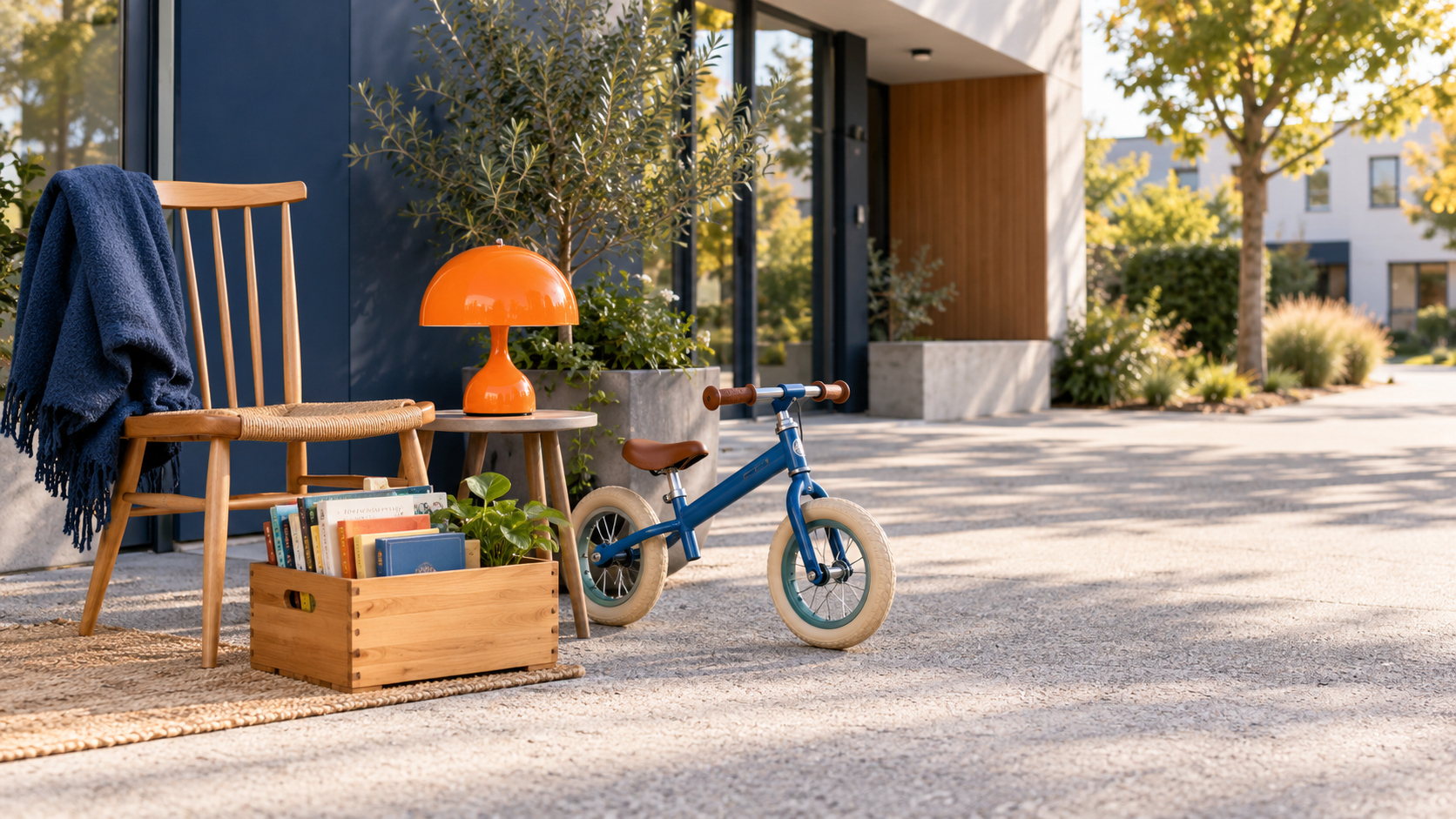 Chaise, lampe, vélo et livres prêts pour une seconde vie